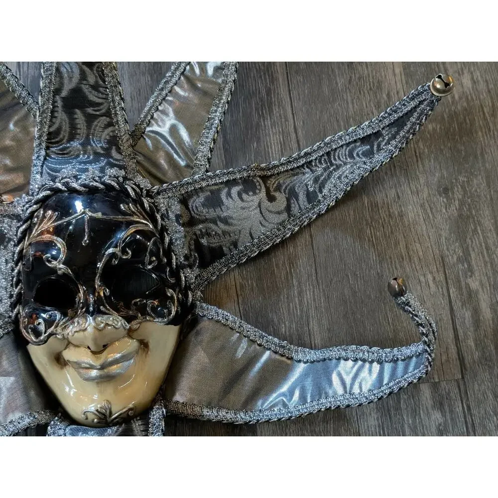NEW! TOOMEY'S Mardi Gras HANDMADE JESTER Mask Full Face Black Silver Party